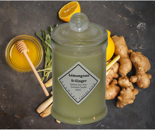 Lemongrass & Ginger 150ml Fully Scented, Natural Soy Wax. @ 30 hr slow burn