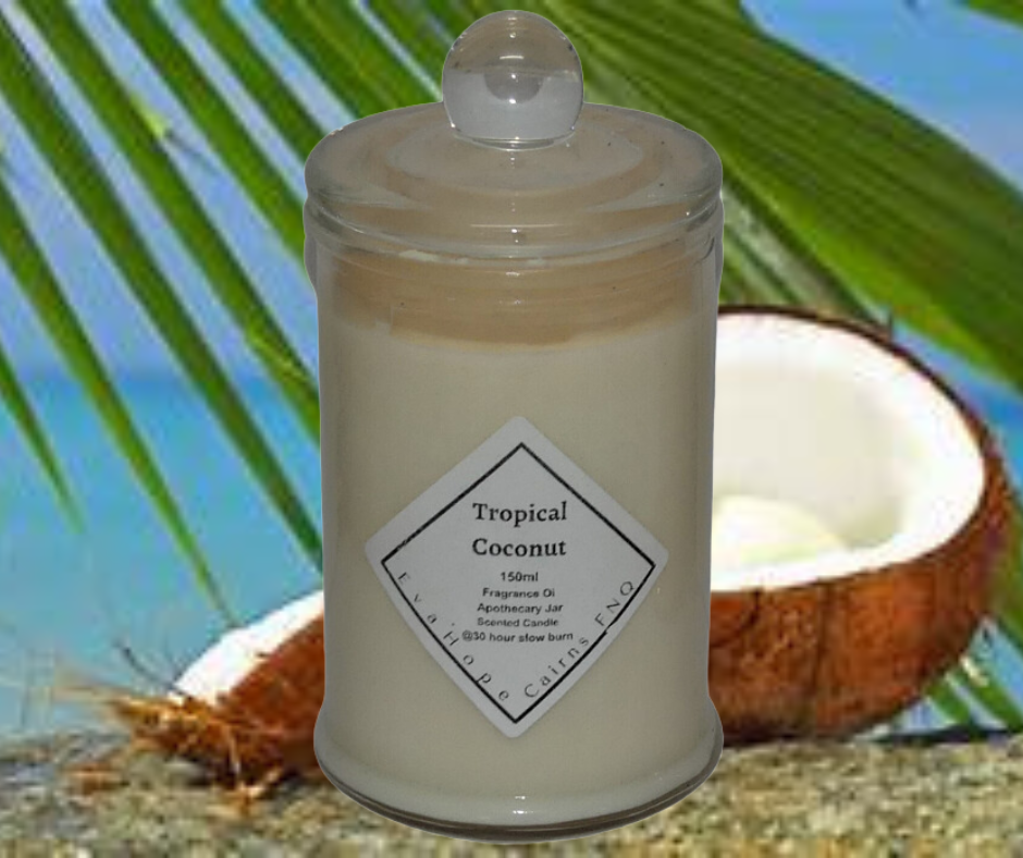 Tropical Coconut 150ml Fully Scented, Natural Soy Wax. @ 30 hr slow burn