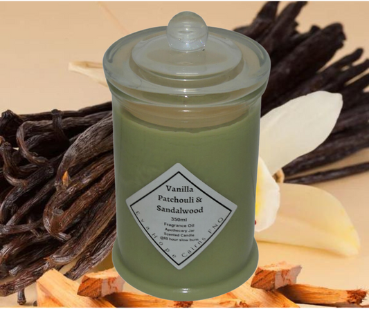 Vanilla Patchouli & Sandalwood 350ml Fully Scented, Natural Soy Wax. @ 65 hr slow burn