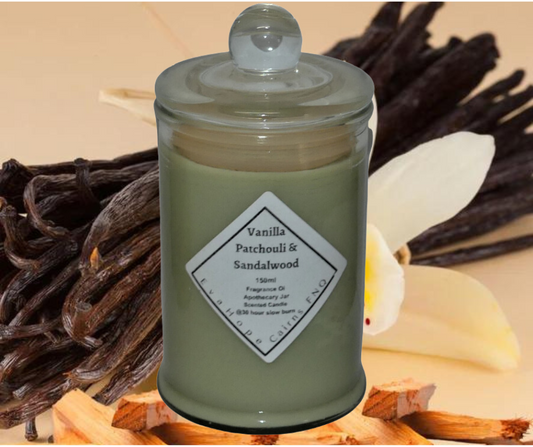 Vanilla Patchouli & Sandalwood 150ml Fully Scented, Natural Soy Wax. @ 30 hr slow burn