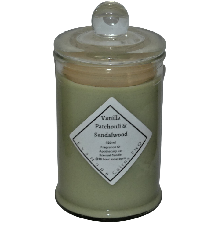 Vanilla Patchouli & Sandalwood 150ml Fully Scented, Natural Soy Wax. @ 30 hr slow burn