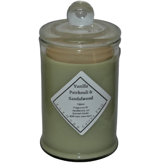 Vanilla Patchouli & Sandalwood 150ml Fully Scented, Natural Soy Wax. @ 30 hr slow burn