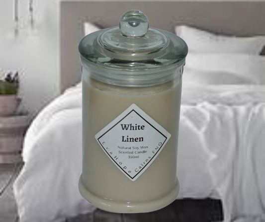 White Linen 350ml Fully Scented, Natural Soy Wax. @ 65 hr slow burn