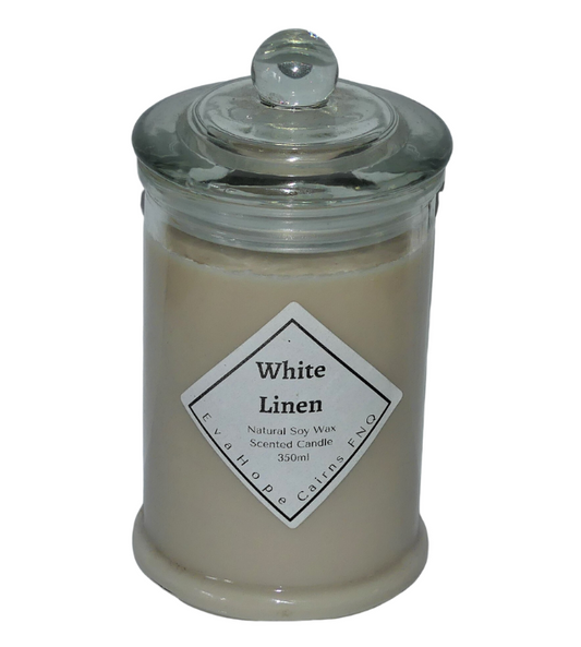 White Linen 350ml Fully Scented, Natural Soy Wax. @ 65 hr slow burn