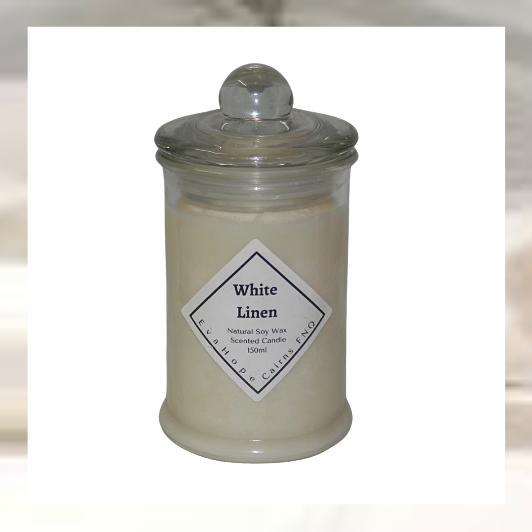 White Linen 150ml Apothecary Jar Candle. @ 30 hr slow burn